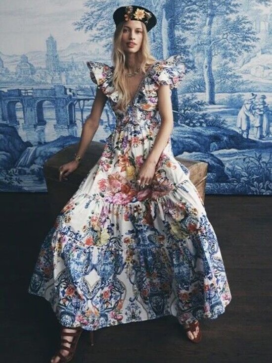 Camilla Dresses & Skirts - CAMILLA "Dutch Is Life" Tiered Frill V-Neck Open Back Maxi Cotton Dress, L $899